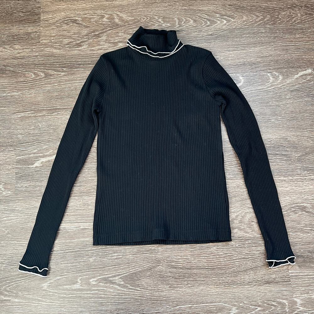 J.Crew Refined Black Ribbed Lettuce-Trim Turtleneck XS Dark Academia Gothic 90's